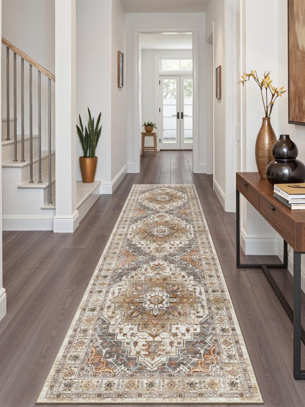 Hallway Runner Rug 2x8 Washable Kitchen Rugs Non-Slip, Turmeric/Grey